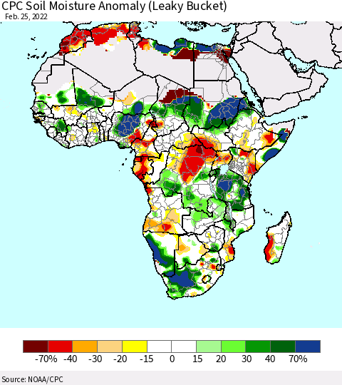 Africa CPC Soil Moisture Anomaly (Leaky Bucket) Thematic Map For 2/21/2022 - 2/25/2022