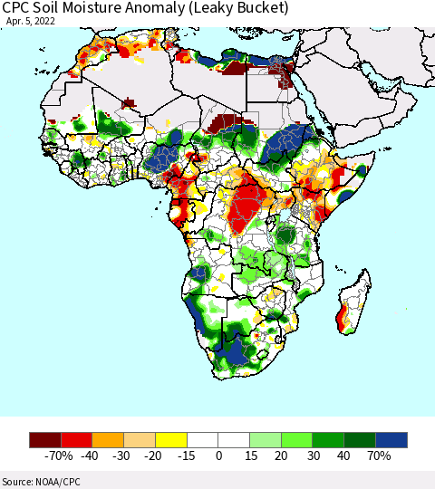 Africa CPC Soil Moisture Anomaly (Leaky Bucket) Thematic Map For 4/1/2022 - 4/5/2022