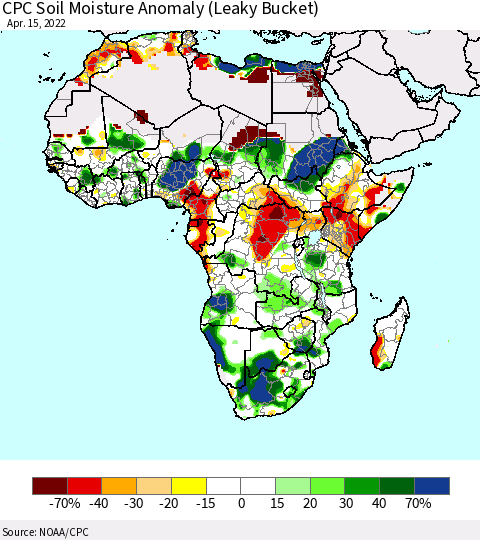 Africa CPC Soil Moisture Anomaly (Leaky Bucket) Thematic Map For 4/11/2022 - 4/15/2022