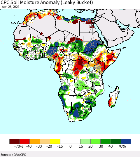 Africa CPC Soil Moisture Anomaly (Leaky Bucket) Thematic Map For 4/21/2022 - 4/25/2022