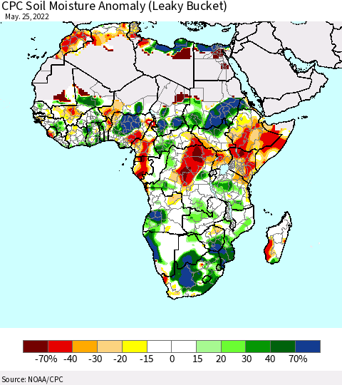 Africa CPC Soil Moisture Anomaly (Leaky Bucket) Thematic Map For 5/21/2022 - 5/25/2022