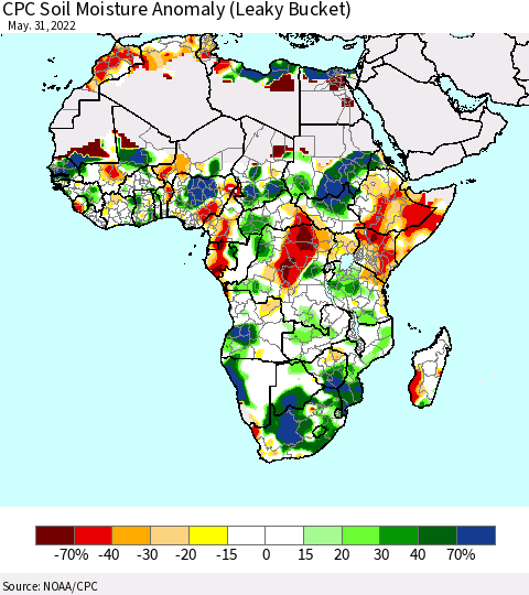 Africa CPC Soil Moisture Anomaly (Leaky Bucket) Thematic Map For 5/26/2022 - 5/31/2022