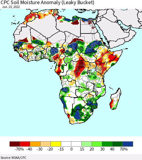Africa CPC Soil Moisture Anomaly (Leaky Bucket) Thematic Map For 6/6/2022 - 6/10/2022