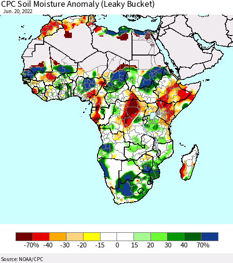 Africa CPC Soil Moisture Anomaly (Leaky Bucket) Thematic Map For 6/16/2022 - 6/20/2022