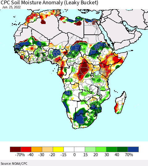 Africa CPC Soil Moisture Anomaly (Leaky Bucket) Thematic Map For 6/21/2022 - 6/25/2022