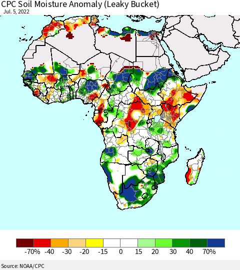 Africa CPC Soil Moisture Anomaly (Leaky Bucket) Thematic Map For 7/1/2022 - 7/5/2022