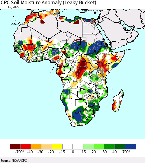 Africa CPC Soil Moisture Anomaly (Leaky Bucket) Thematic Map For 7/11/2022 - 7/15/2022