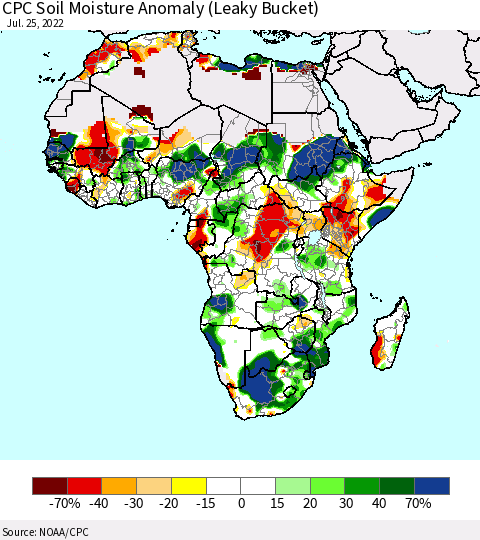 Africa CPC Soil Moisture Anomaly (Leaky Bucket) Thematic Map For 7/21/2022 - 7/25/2022