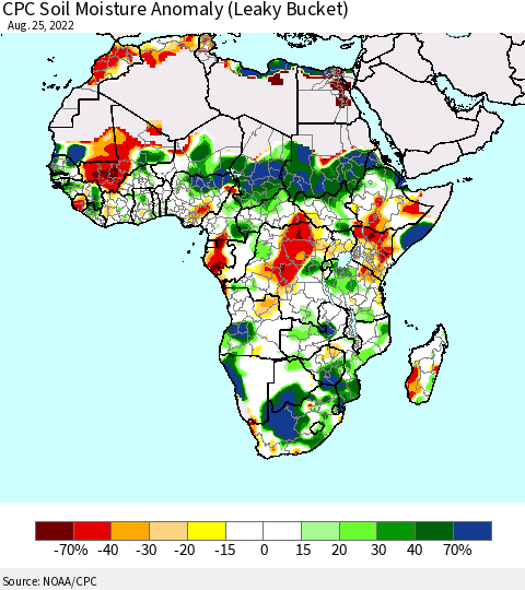 Africa CPC Soil Moisture Anomaly (Leaky Bucket) Thematic Map For 8/21/2022 - 8/25/2022