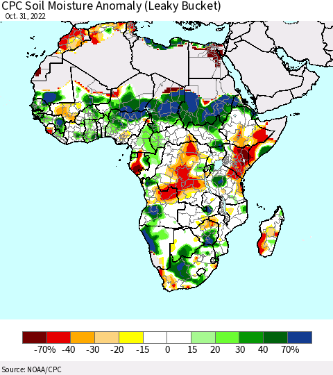 Africa CPC Soil Moisture Anomaly (Leaky Bucket) Thematic Map For 10/26/2022 - 10/31/2022