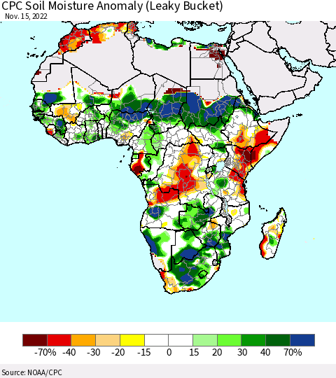 Africa CPC Soil Moisture Anomaly (Leaky Bucket) Thematic Map For 11/11/2022 - 11/15/2022