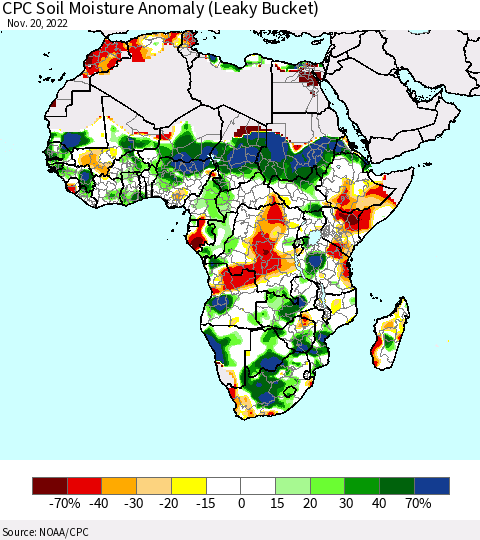 Africa CPC Soil Moisture Anomaly (Leaky Bucket) Thematic Map For 11/16/2022 - 11/20/2022