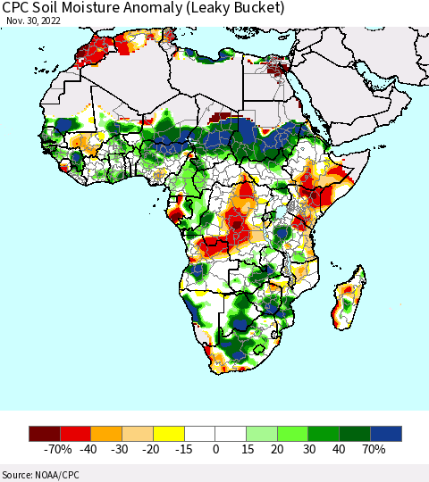 Africa CPC Soil Moisture Anomaly (Leaky Bucket) Thematic Map For 11/26/2022 - 11/30/2022