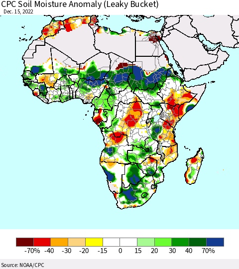 Africa CPC Soil Moisture Anomaly (Leaky Bucket) Thematic Map For 12/11/2022 - 12/15/2022