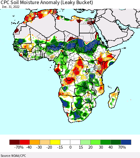 Africa CPC Soil Moisture Anomaly (Leaky Bucket) Thematic Map For 12/26/2022 - 12/31/2022