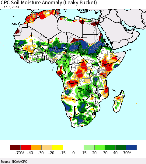 Africa CPC Soil Moisture Anomaly (Leaky Bucket) Thematic Map For 1/1/2023 - 1/5/2023