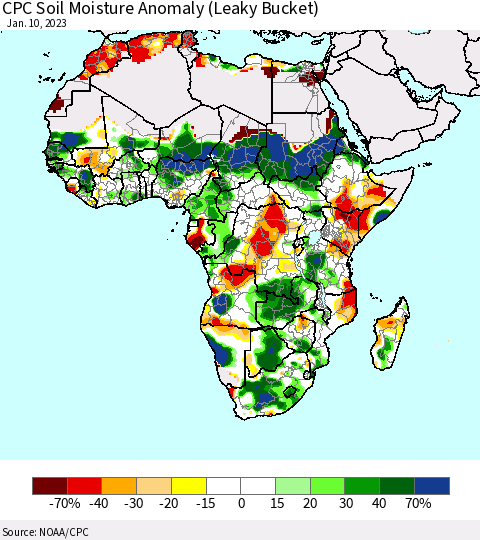 Africa CPC Soil Moisture Anomaly (Leaky Bucket) Thematic Map For 1/6/2023 - 1/10/2023