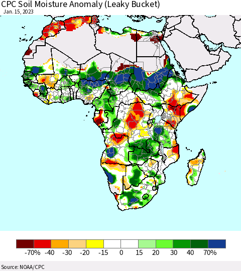 Africa CPC Soil Moisture Anomaly (Leaky Bucket) Thematic Map For 1/11/2023 - 1/15/2023
