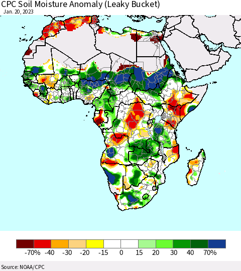 Africa CPC Soil Moisture Anomaly (Leaky Bucket) Thematic Map For 1/16/2023 - 1/20/2023