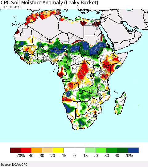 Africa CPC Soil Moisture Anomaly (Leaky Bucket) Thematic Map For 1/26/2023 - 1/31/2023