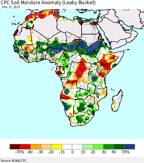 Africa CPC Soil Moisture Anomaly (Leaky Bucket) Thematic Map For 2/11/2023 - 2/15/2023