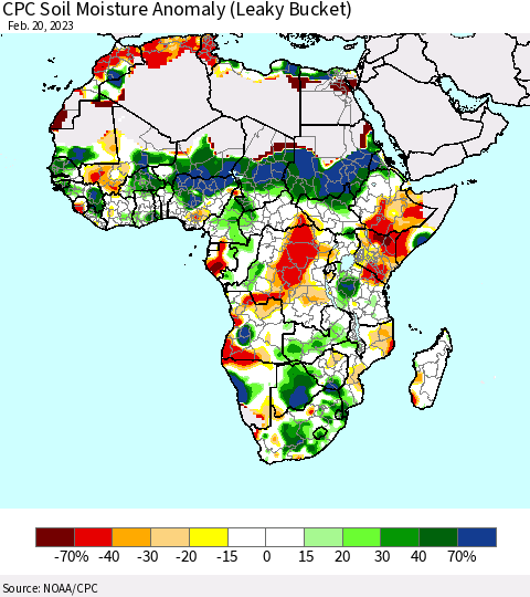 Africa CPC Soil Moisture Anomaly (Leaky Bucket) Thematic Map For 2/16/2023 - 2/20/2023