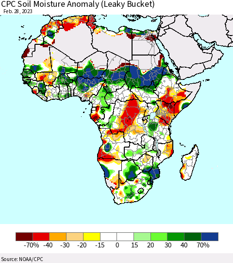 Africa CPC Soil Moisture Anomaly (Leaky Bucket) Thematic Map For 2/26/2023 - 2/28/2023