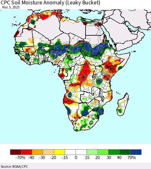 Africa CPC Soil Moisture Anomaly (Leaky Bucket) Thematic Map For 3/1/2023 - 3/5/2023