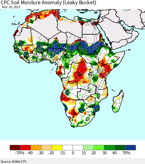 Africa CPC Soil Moisture Anomaly (Leaky Bucket) Thematic Map For 3/16/2023 - 3/20/2023
