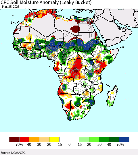 Africa CPC Soil Moisture Anomaly (Leaky Bucket) Thematic Map For 3/21/2023 - 3/25/2023