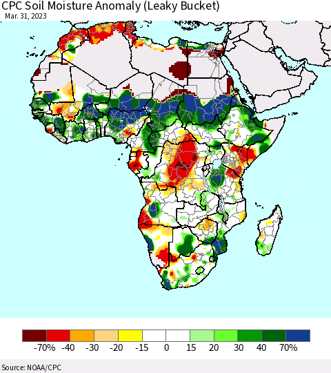 Africa CPC Soil Moisture Anomaly (Leaky Bucket) Thematic Map For 3/26/2023 - 3/31/2023