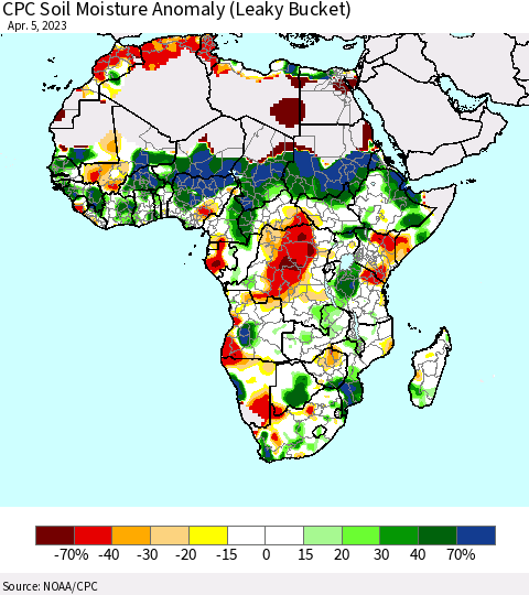 Africa CPC Soil Moisture Anomaly (Leaky Bucket) Thematic Map For 4/1/2023 - 4/5/2023