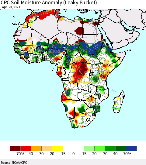 Africa CPC Soil Moisture Anomaly (Leaky Bucket) Thematic Map For 4/16/2023 - 4/20/2023