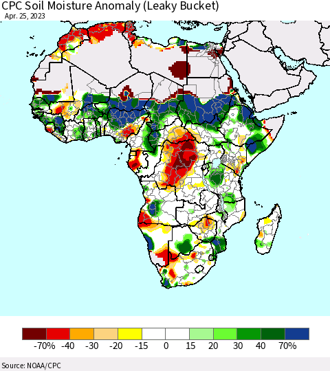 Africa CPC Soil Moisture Anomaly (Leaky Bucket) Thematic Map For 4/21/2023 - 4/25/2023