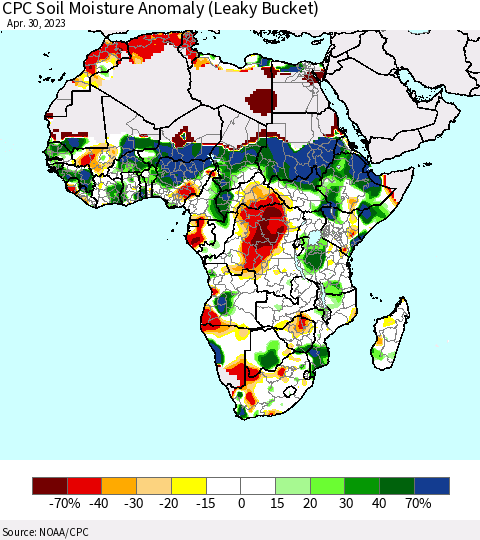 Africa CPC Soil Moisture Anomaly (Leaky Bucket) Thematic Map For 4/26/2023 - 4/30/2023