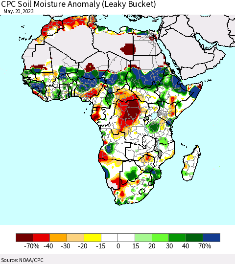 Africa CPC Soil Moisture Anomaly (Leaky Bucket) Thematic Map For 5/16/2023 - 5/20/2023