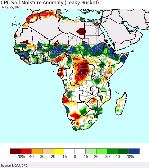 Africa CPC Soil Moisture Anomaly (Leaky Bucket) Thematic Map For 5/21/2023 - 5/25/2023