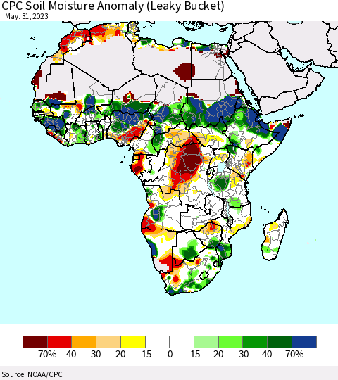 Africa CPC Soil Moisture Anomaly (Leaky Bucket) Thematic Map For 5/26/2023 - 5/31/2023