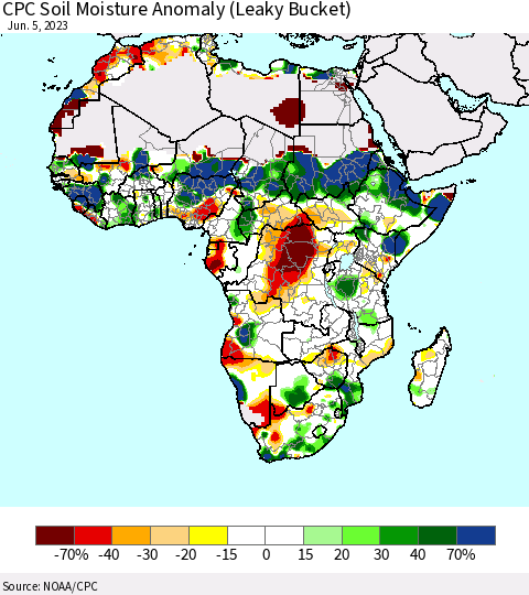 Africa CPC Soil Moisture Anomaly (Leaky Bucket) Thematic Map For 6/1/2023 - 6/5/2023
