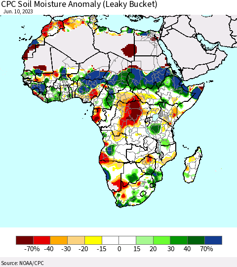 Africa CPC Soil Moisture Anomaly (Leaky Bucket) Thematic Map For 6/6/2023 - 6/10/2023