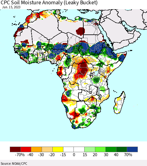 Africa CPC Soil Moisture Anomaly (Leaky Bucket) Thematic Map For 6/11/2023 - 6/15/2023