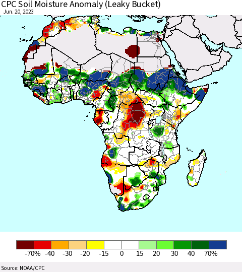 Africa CPC Soil Moisture Anomaly (Leaky Bucket) Thematic Map For 6/16/2023 - 6/20/2023