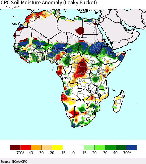 Africa CPC Soil Moisture Anomaly (Leaky Bucket) Thematic Map For 6/21/2023 - 6/25/2023