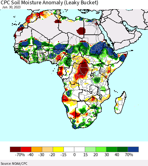Africa CPC Soil Moisture Anomaly (Leaky Bucket) Thematic Map For 6/26/2023 - 6/30/2023