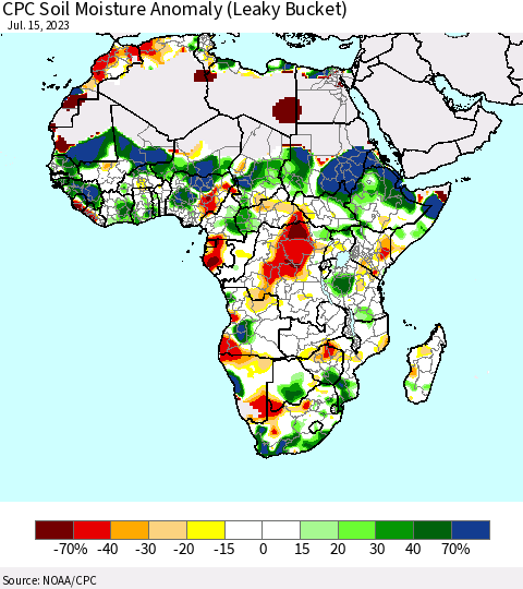 Africa CPC Soil Moisture Anomaly (Leaky Bucket) Thematic Map For 7/11/2023 - 7/15/2023