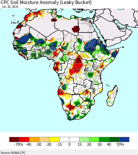 Africa CPC Soil Moisture Anomaly (Leaky Bucket) Thematic Map For 7/16/2023 - 7/20/2023