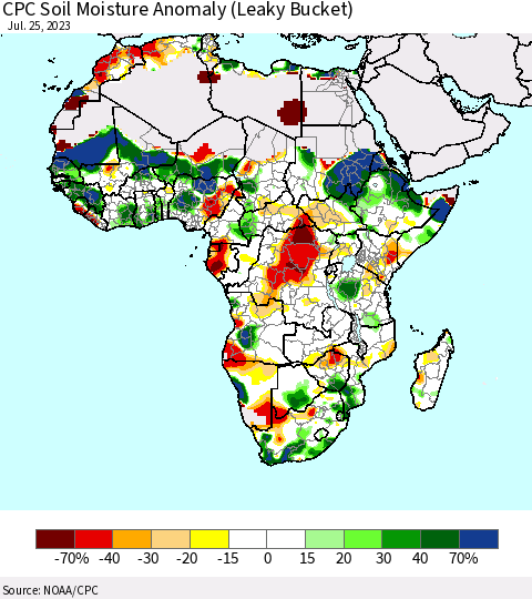 Africa CPC Soil Moisture Anomaly (Leaky Bucket) Thematic Map For 7/21/2023 - 7/25/2023