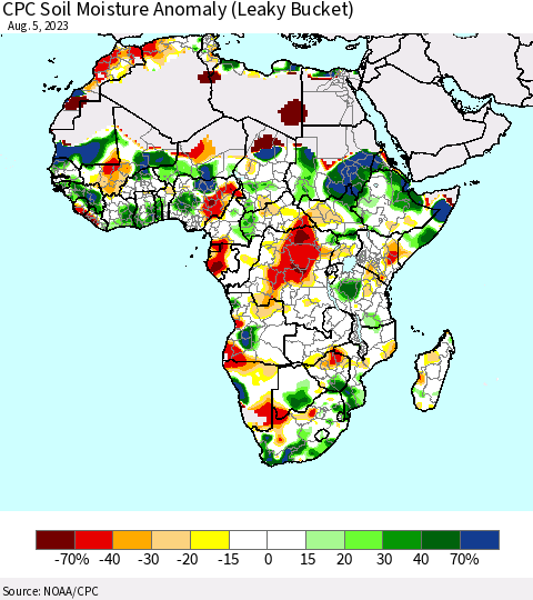 Africa CPC Soil Moisture Anomaly (Leaky Bucket) Thematic Map For 8/1/2023 - 8/5/2023