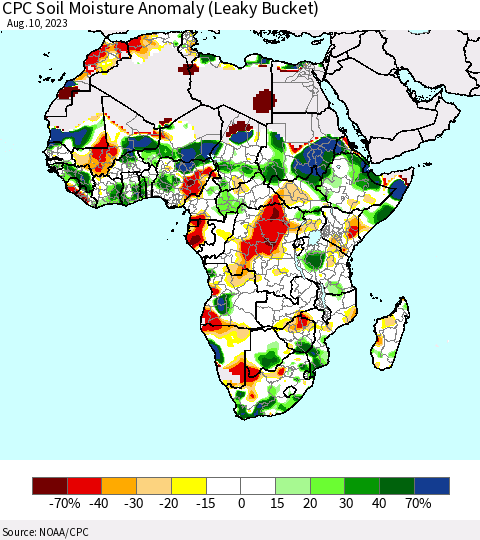 Africa CPC Soil Moisture Anomaly (Leaky Bucket) Thematic Map For 8/6/2023 - 8/10/2023
