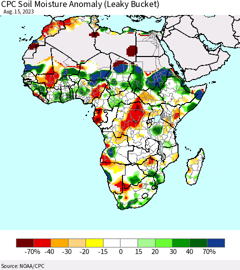 Africa CPC Soil Moisture Anomaly (Leaky Bucket) Thematic Map For 8/11/2023 - 8/15/2023
